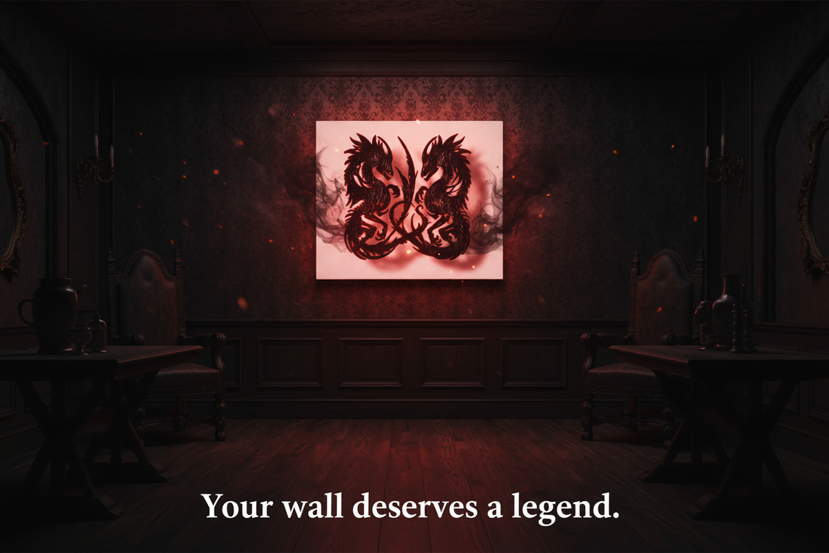 Dark room with a dragon painting on the wall and text 'Your wall deserves a legend'.