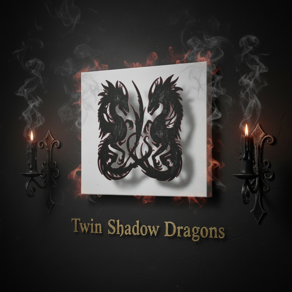 Twin shadow dragon tattoo design on a white card with candles and smoke in the background.