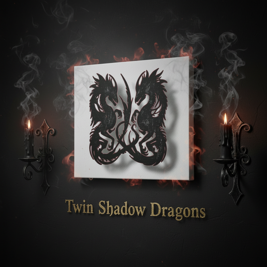 Twin shadow dragon tattoo design on a white card with candles and smoke in the background.