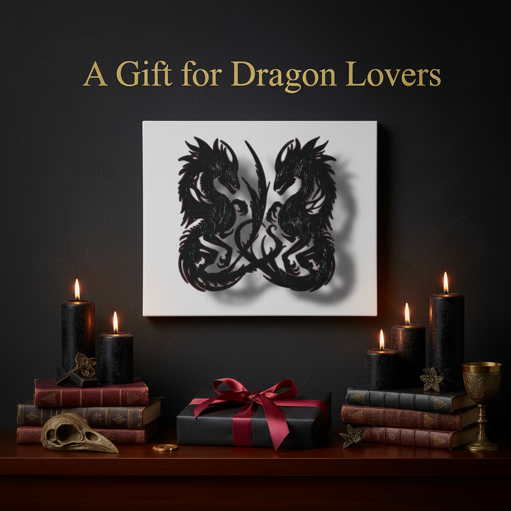 Decorative setup with dragon artwork, candles, and books on a dark background.