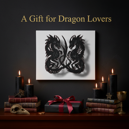 Decorative setup with dragon artwork, candles, and books on a dark background.