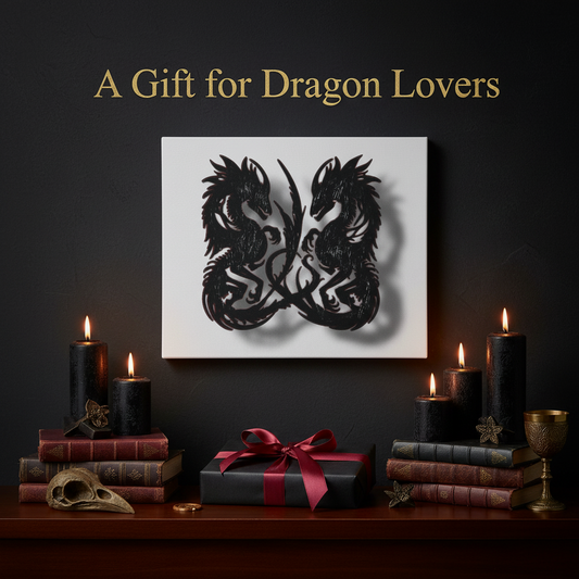 Decorative setup with dragon artwork, candles, and books on a dark background.