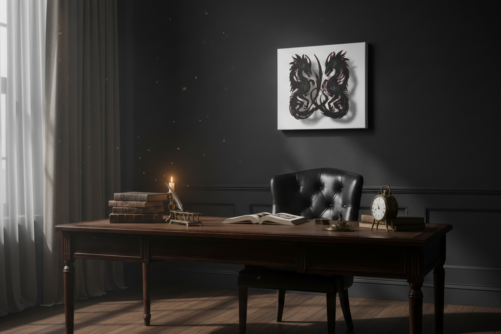 Dark office interior with a wooden desk, leather chair, and wall art.