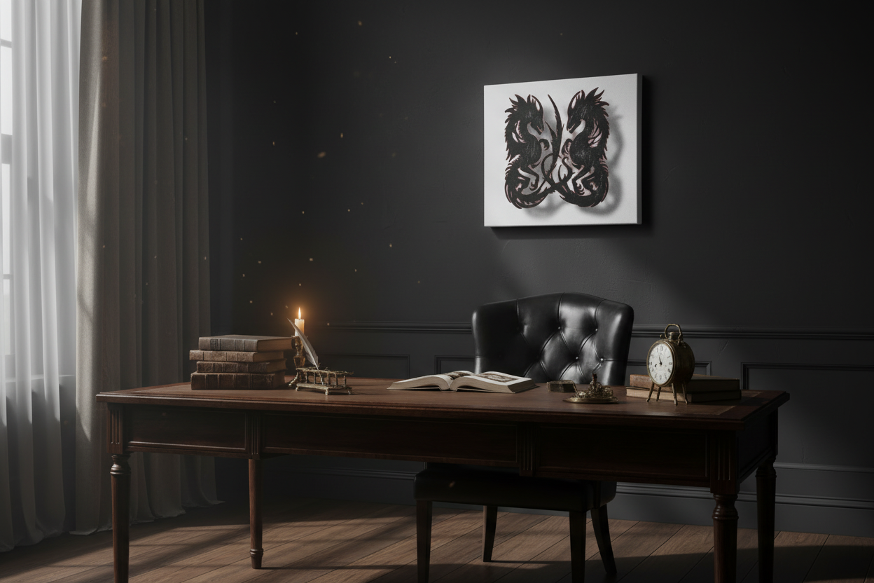 Dark office interior with a wooden desk, leather chair, and wall art.
