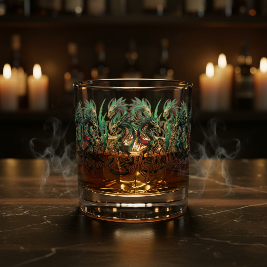 Decorative glass with intricate designs on a bar counter with candles in the background