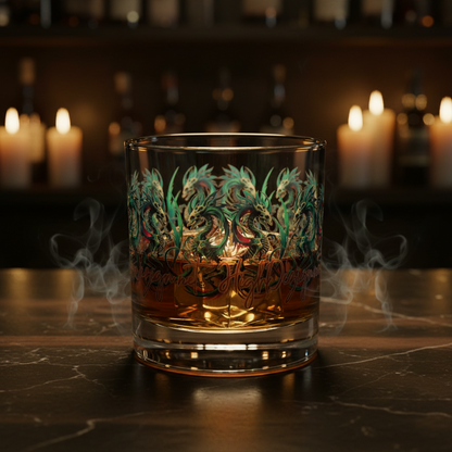 Decorative glass with intricate designs on a bar counter with candles in the background