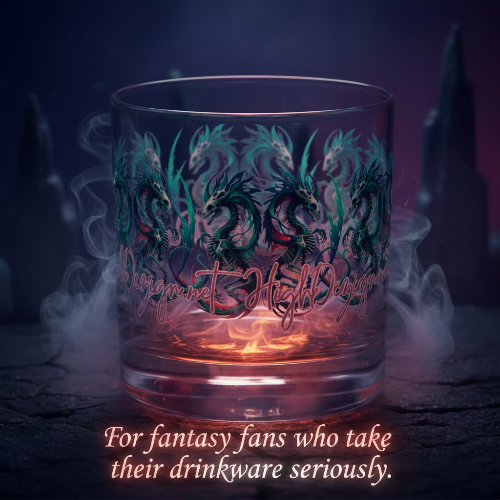 Glass container with dragon design and glowing text on a dark background