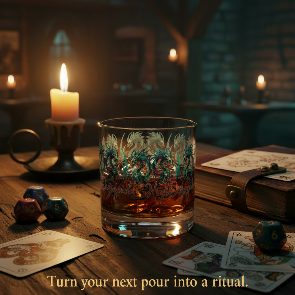 Glass with dragon design, candles, dice, and cards on a wooden table in a cozy room.