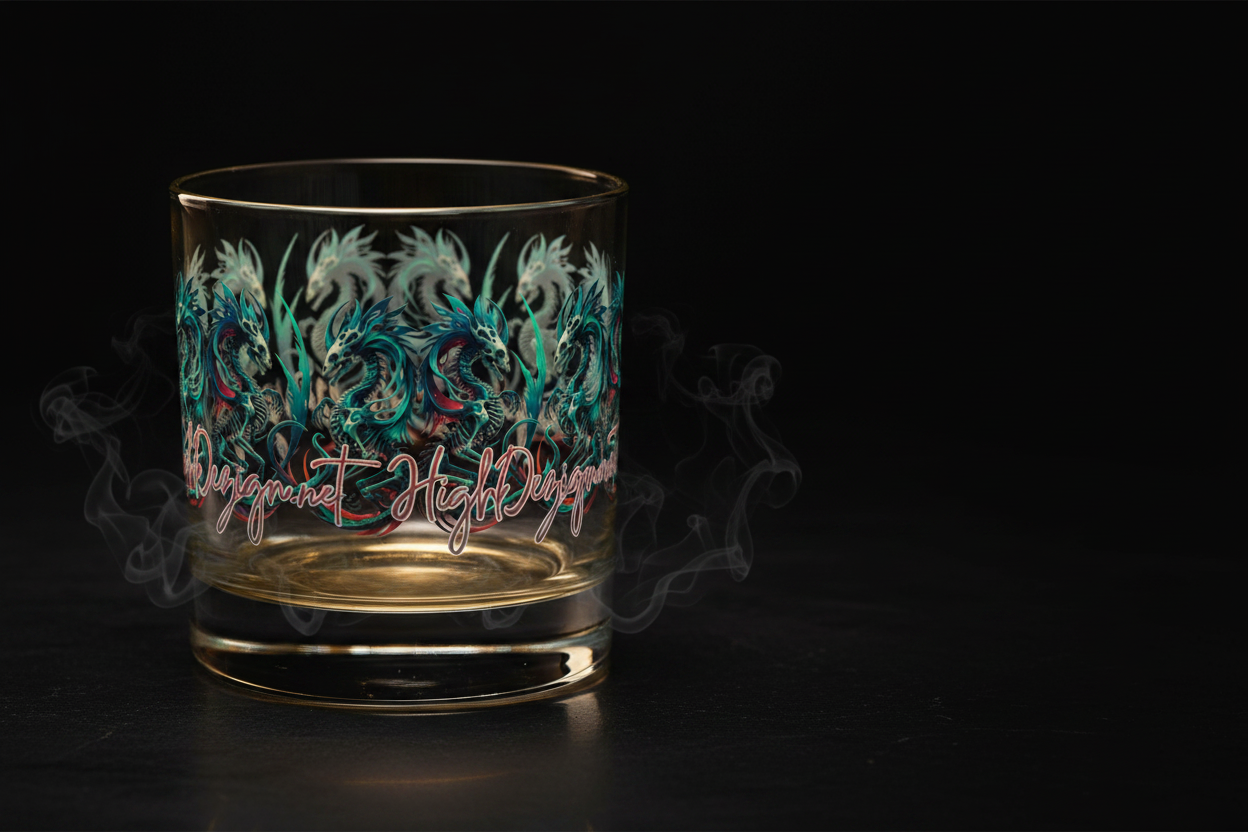 Decorative glass with floral design and 'High Departure' text on a dark background