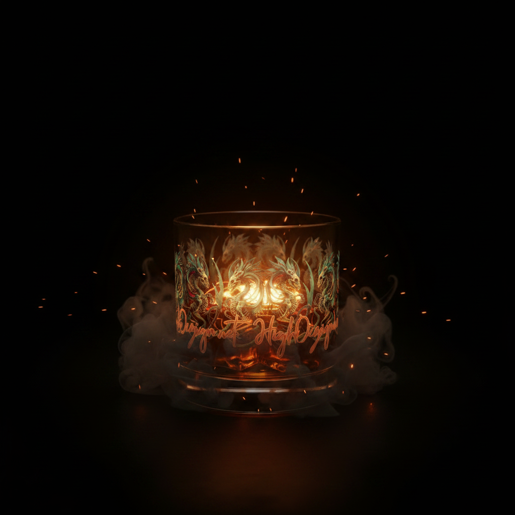 Decorative candle with fairy design and text on a dark background
