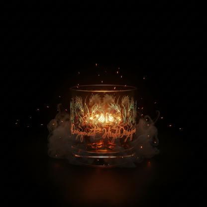 Decorative candle with fairy design and text on a dark background