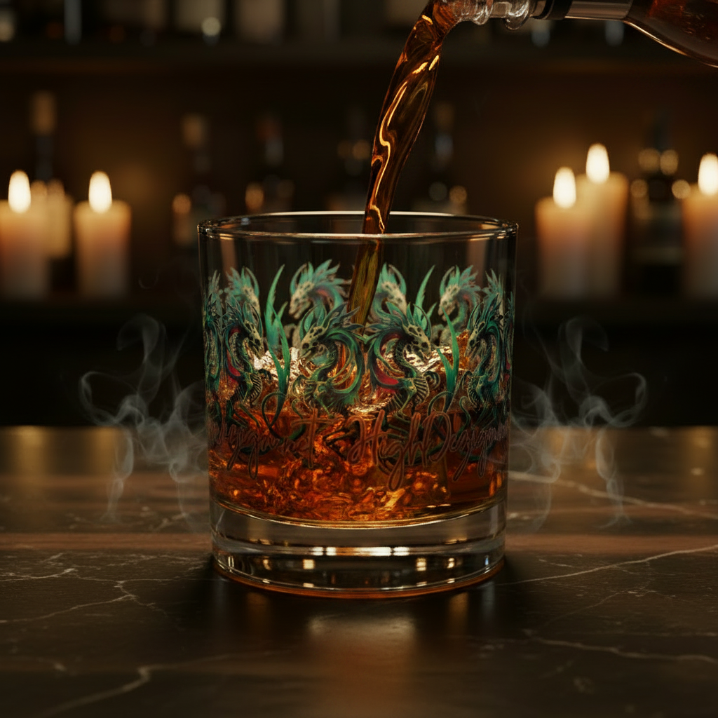 Glass with dragon design being filled with a dark liquid against a candlelit background