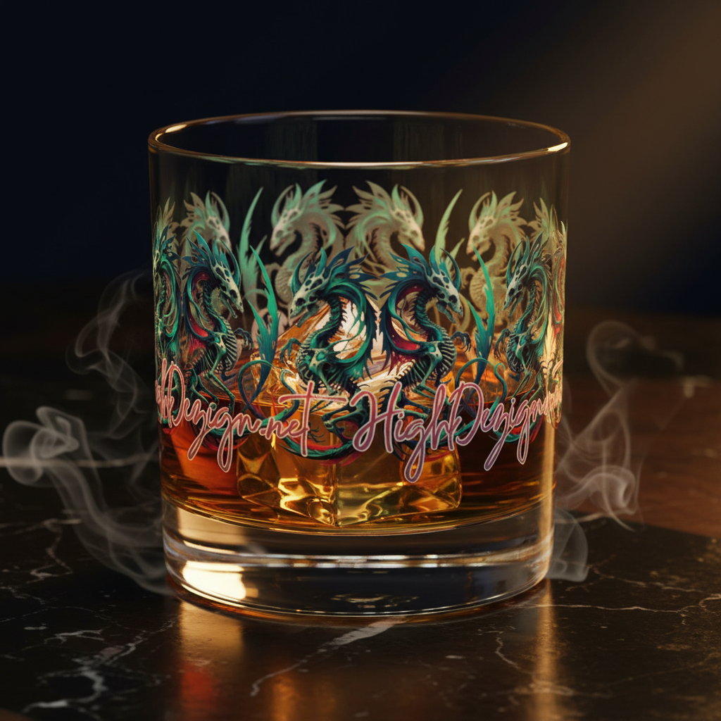 Glass with dragon design filled with a amber liquid on a dark background