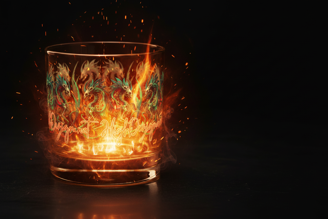 Glass with dragon design on fire against a dark background