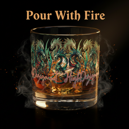 Decorative whiskey glass with dragon design and 'Pour With Fire' text on a dark background