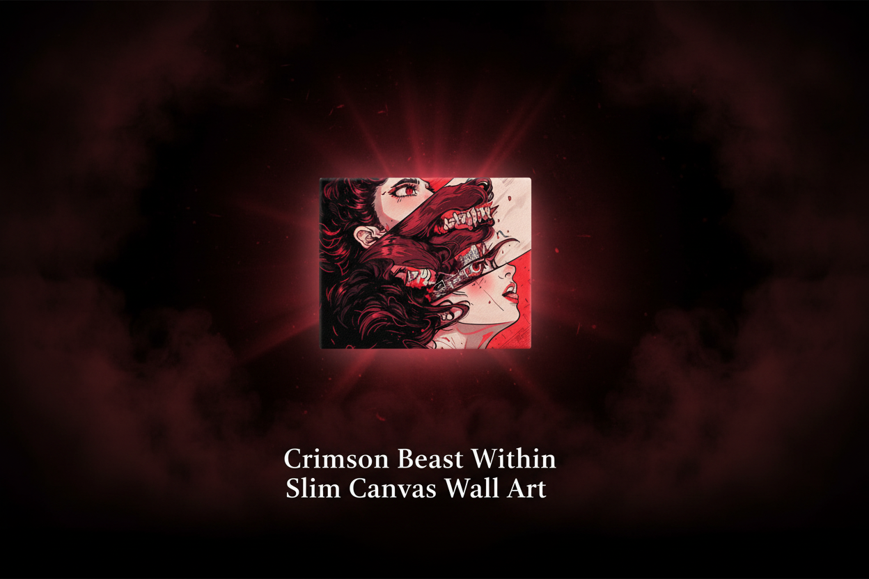 Slim canvas wall art with a red and black design of a woman's face and text 'Crimson Beast Within' on a dark background.