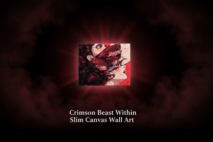 Slim canvas wall art with a red and black design of a woman's face and text 'Crimson Beast Within' on a dark background.