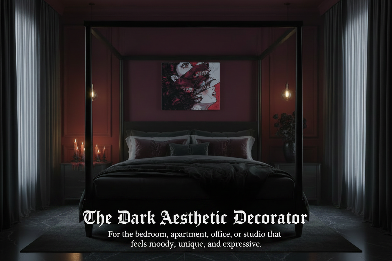 Dark bedroom with a canopy bed, candles, and a painting on the wall.