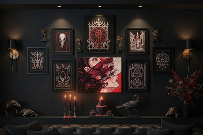Dark wall with gothic-style artwork and decorative elements