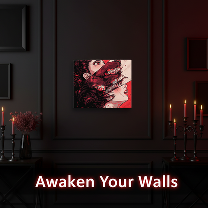 Artistic wall piece on a dark wall with candles and decorative elements.