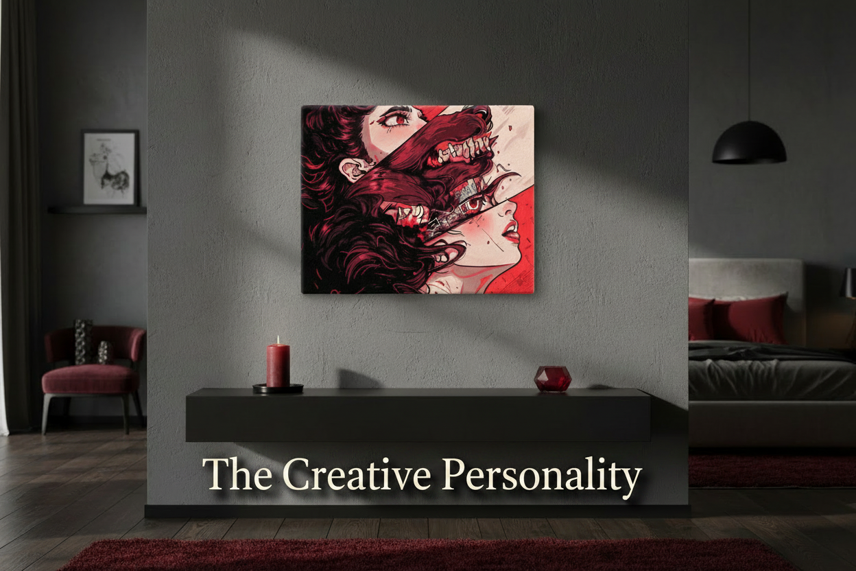 Abstract artwork of a woman's face with red and black colors on a wall in a modern living room.