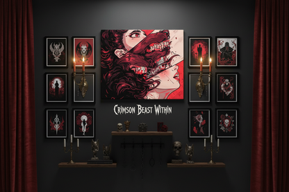 Wall art display with 'Crimson Beast Within' theme on a dark wall.