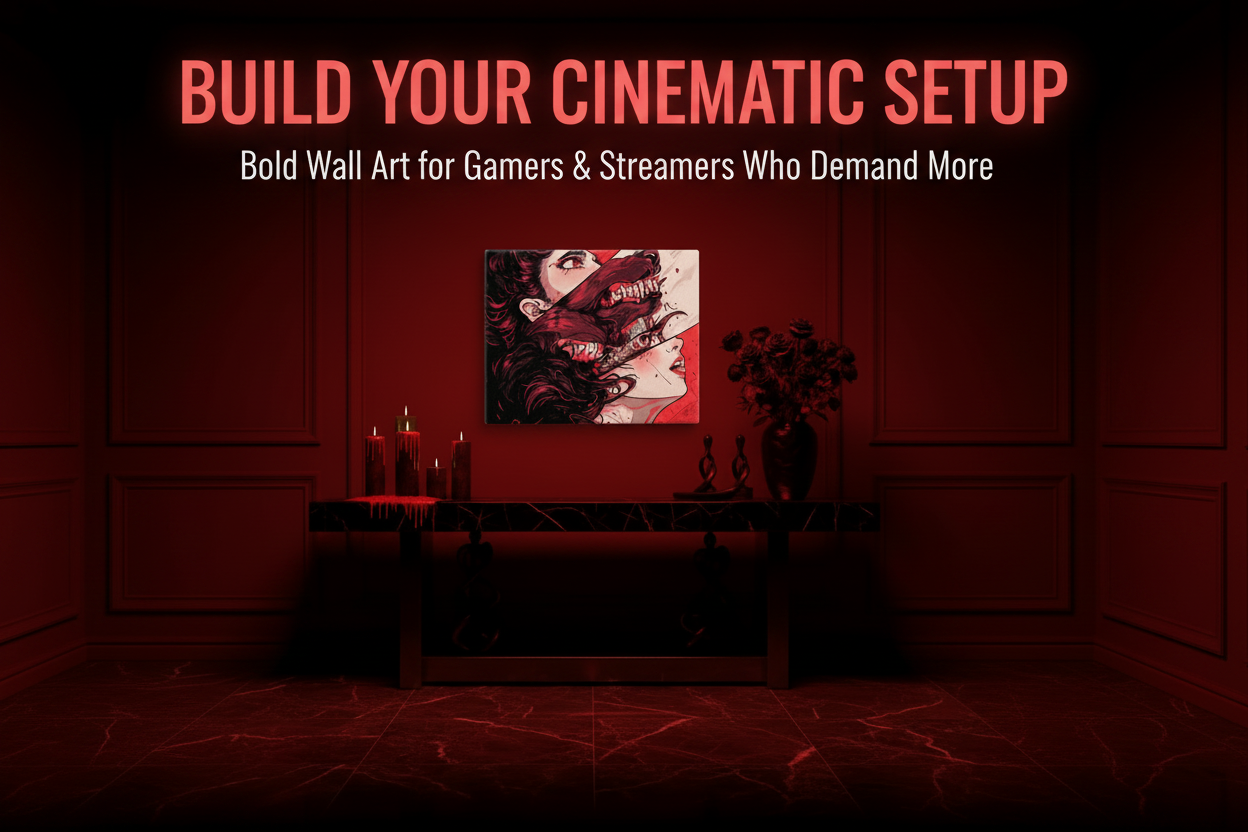Artistic depiction of a woman with a snake on a red wall in a dimly lit room.