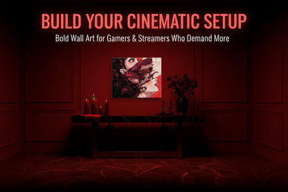 Artistic depiction of a woman with a snake on a red wall in a dimly lit room.