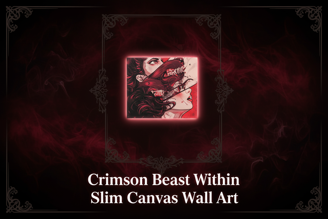 Slim canvas wall art titled 'Crimson Beast Within' with a dark red and black color scheme.