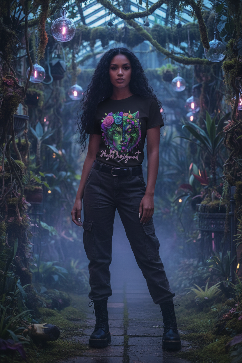 A person wearing a short-sleeve unisex T-shirt with a colorful graphic design depicting a stylized flower and a character on the front, in a home setting with plants and a belt loop visible.