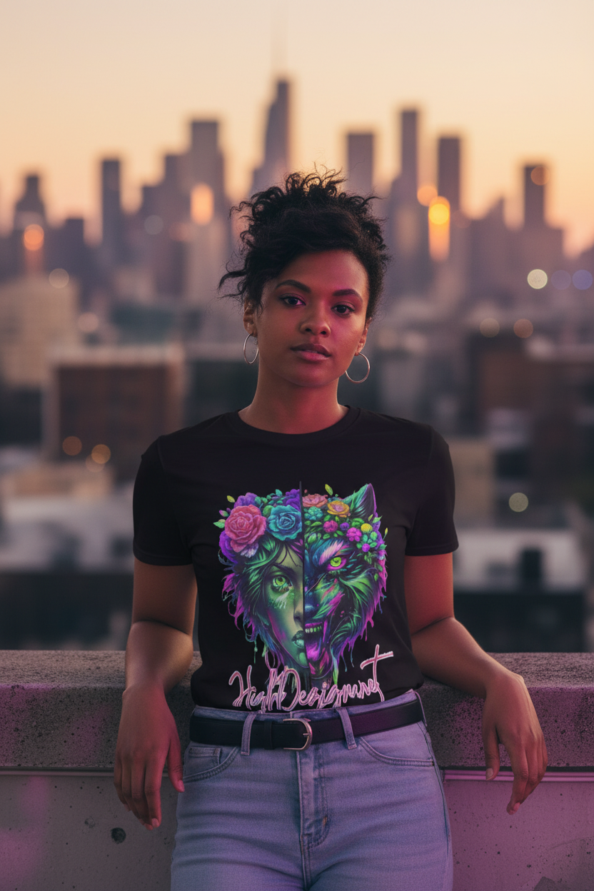Person wearing a black t-shirt with a colorful wolf design against a city skyline at sunset.