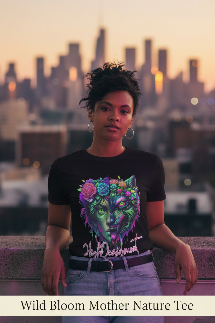 Person wearing a black t-shirt with a colorful wolf design against a cityscape background