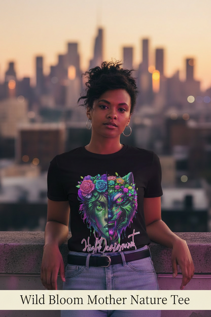 Person wearing a black t-shirt with a colorful wolf design against a cityscape background
