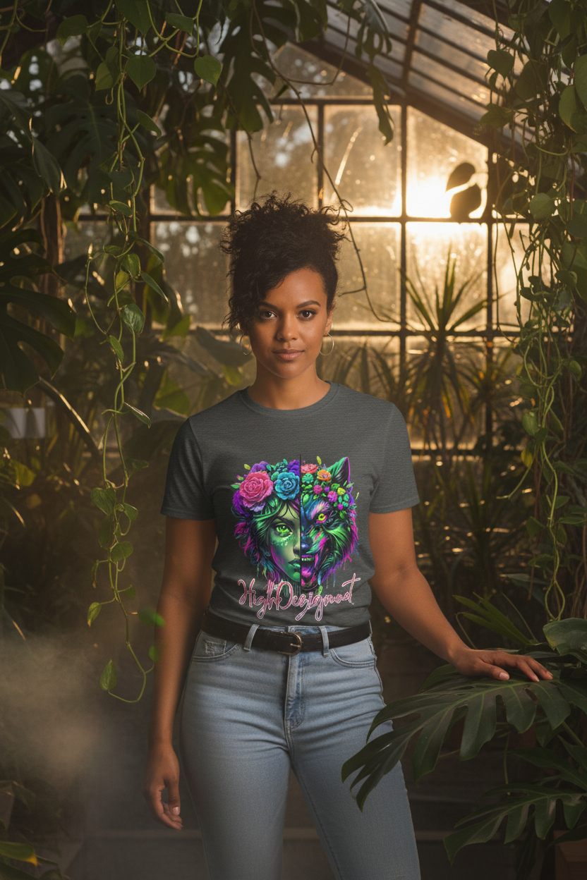 Person wearing a t-shirt with a colorful design in a greenhouse setting