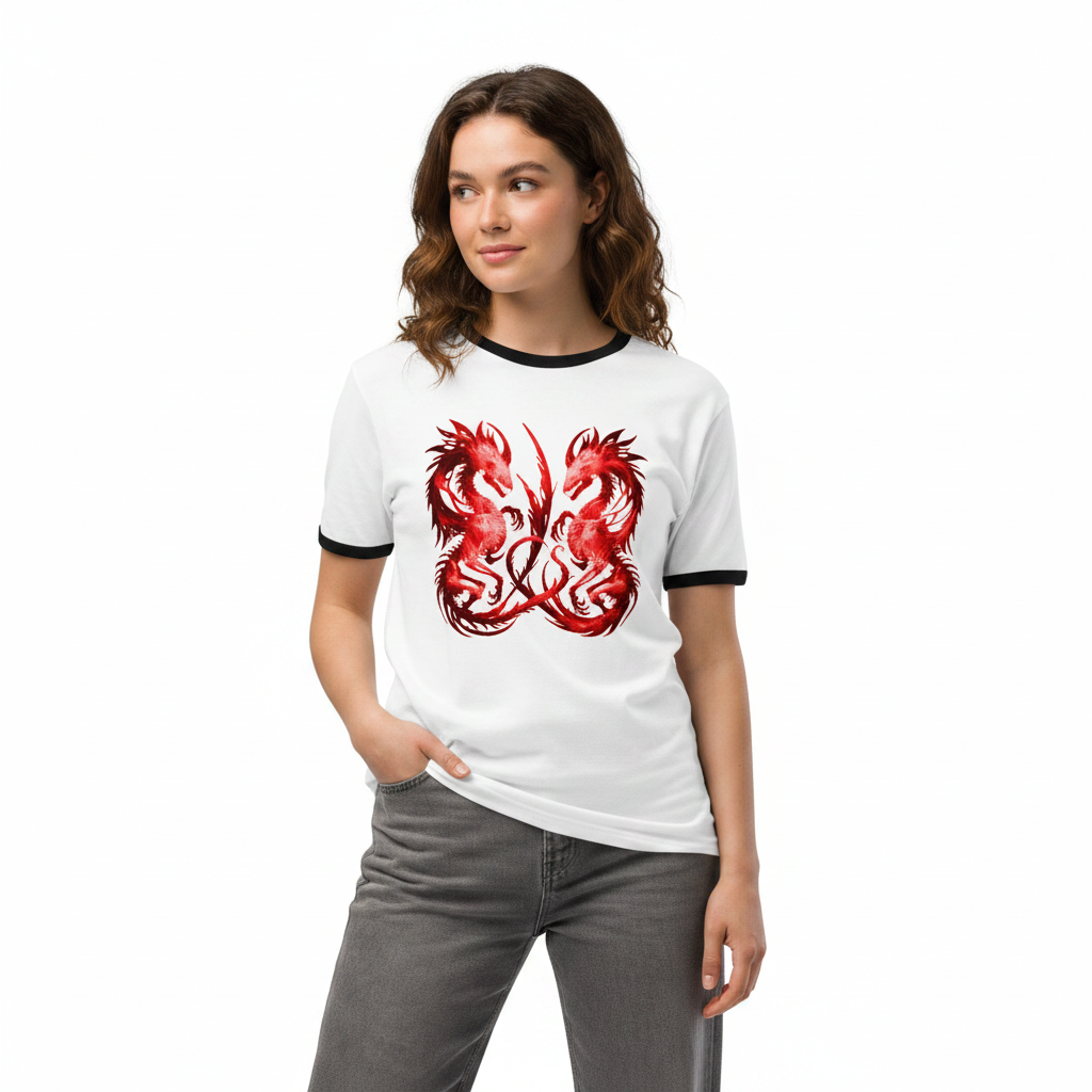 Twin Flame Dragon Ringer Tee – Unisex Retro Cotton Shirt