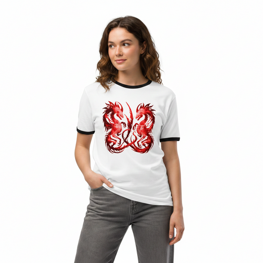Twin Flame Dragon Ringer Tee – Unisex Retro Cotton Shirt