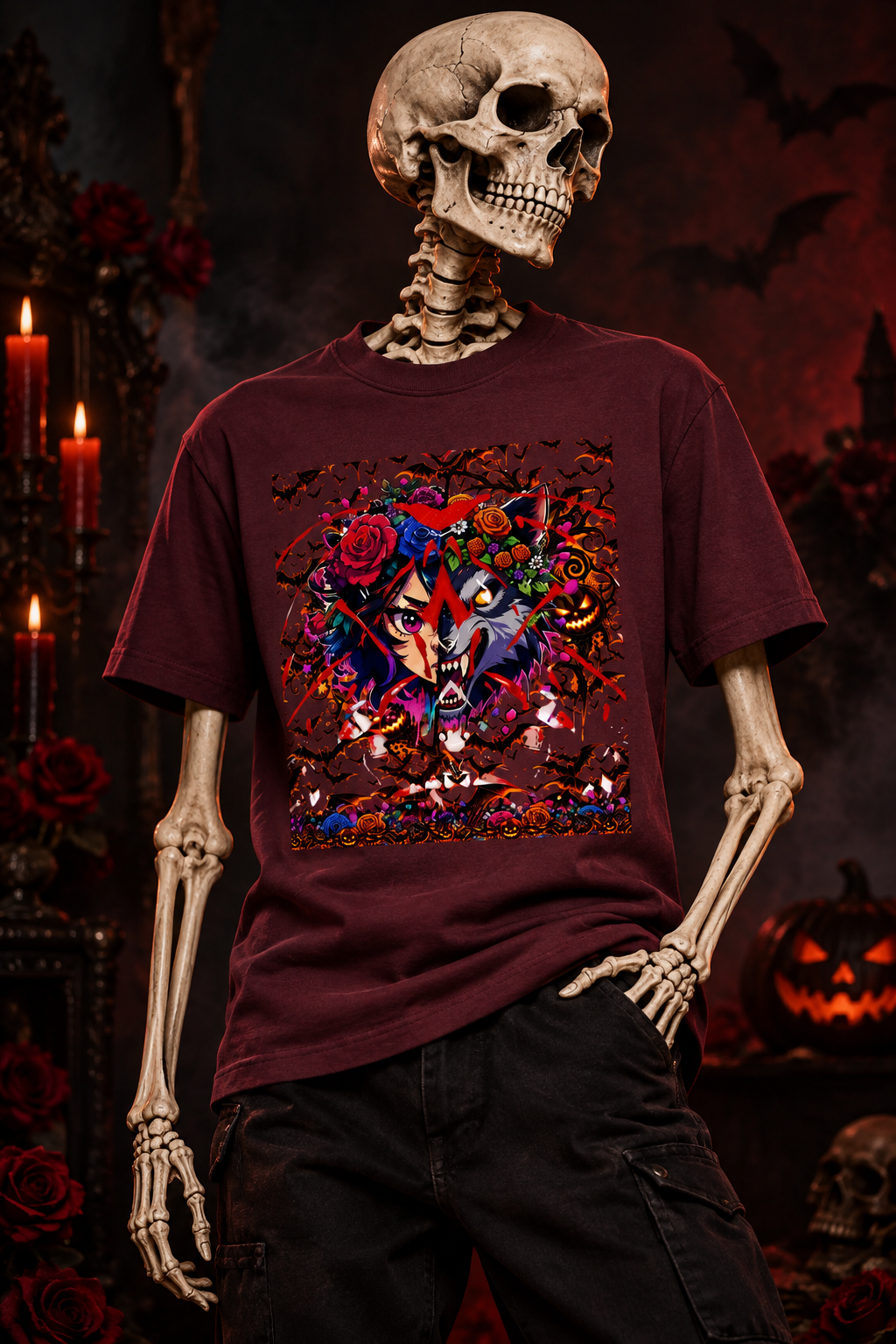 A maroon short-sleeve graphic T-shirt worn by a full skeleton mannequin in a dark Halloween-themed setting with candles, roses, bats, and a jack-o'-lantern. The shirt features a large colorful front print of a wolf surrounded by roses and occult symbols.