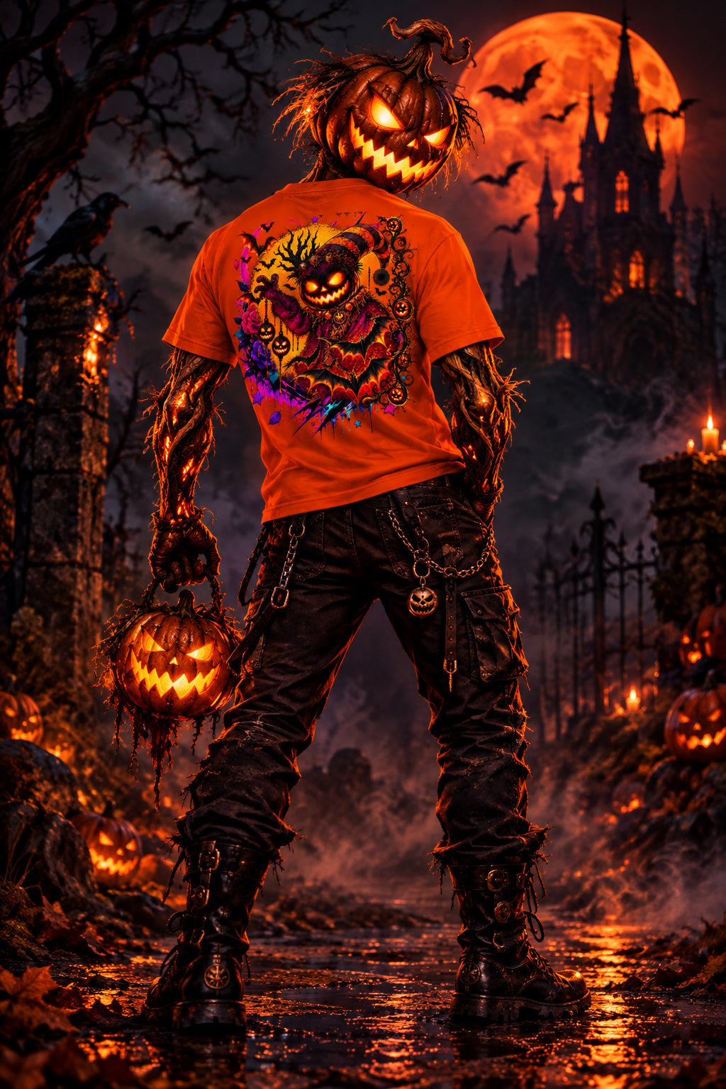 A bright orange short-sleeve t-shirt with a large, colorful Halloween-themed graphic on the front. The graphic features a spooky jack-o'-lantern character surrounded by bats, pumpkins, and splatters in purple, yellow, and black.