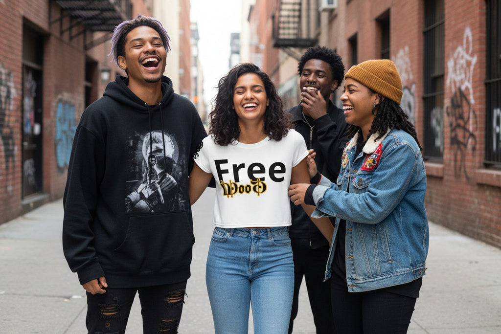 Four friends standing together on a street with graffiti in the background