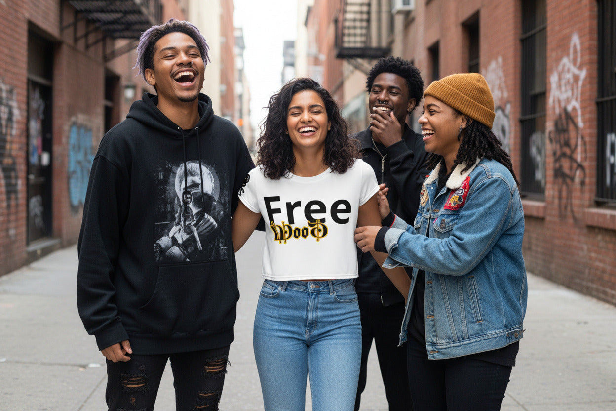 Four friends standing together on a street with graffiti in the background