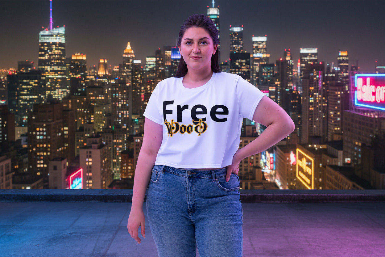 Person wearing a white t-shirt with 'Free Doo' text in an urban night setting
