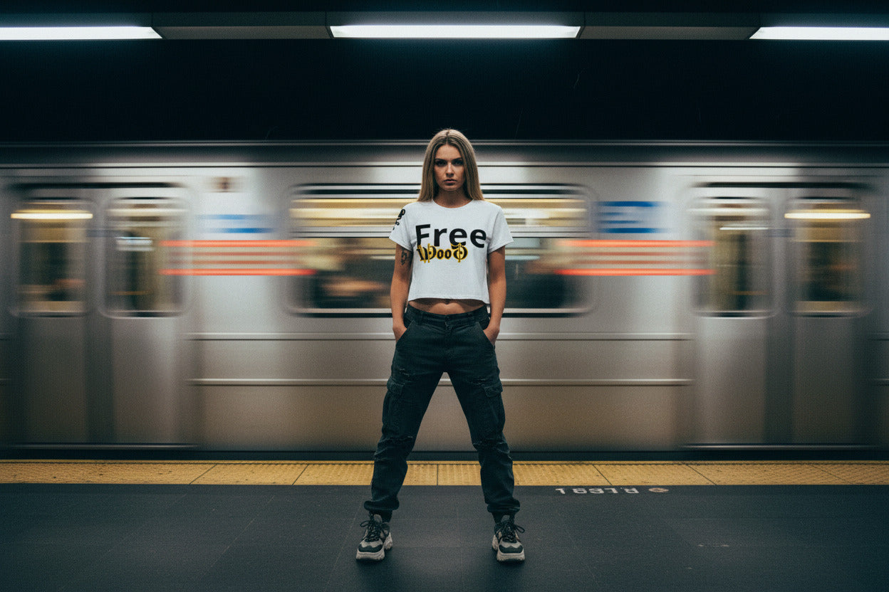 Person wearing a white t-shirt with text standing in a subway station with a blurred train in the background
