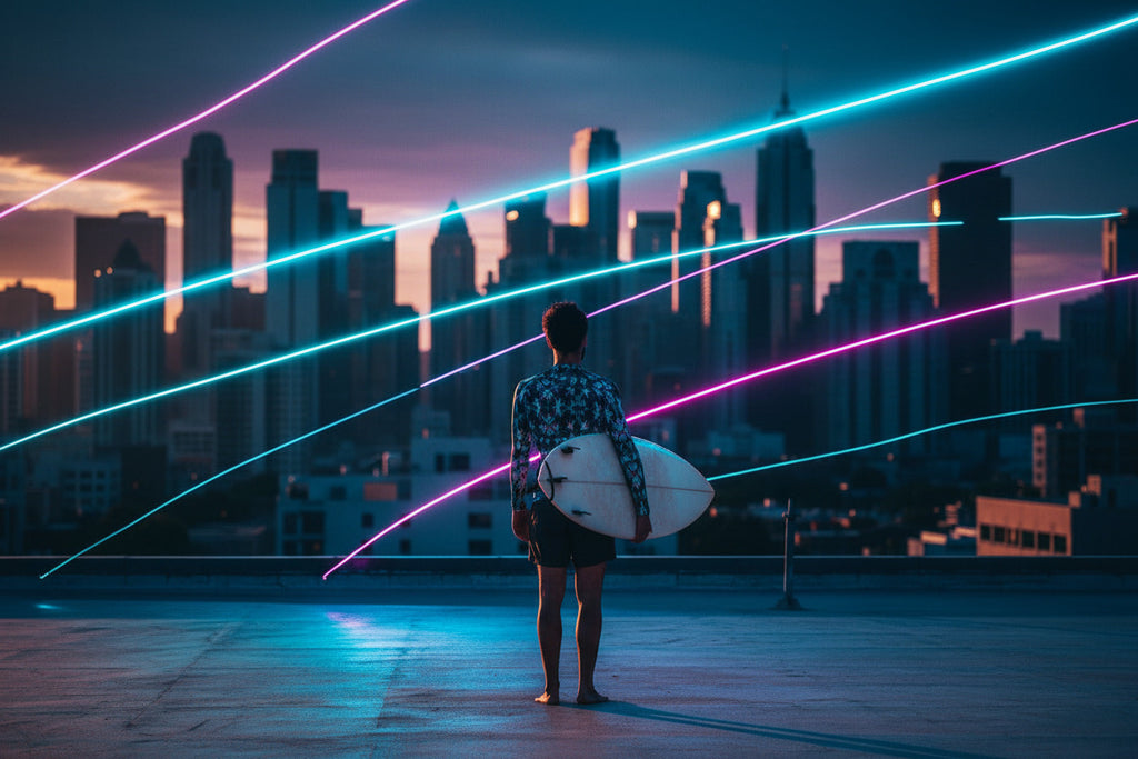 Person holding a surfboard on a rooftop with a city skyline in the background during sunset.