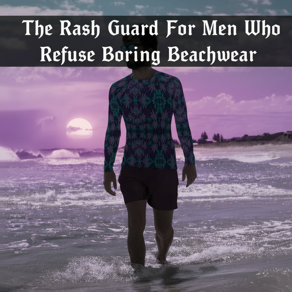 A man standing at the beach wearing a long-sleeve rash guard with a geometric pattern in blue and purple colors.