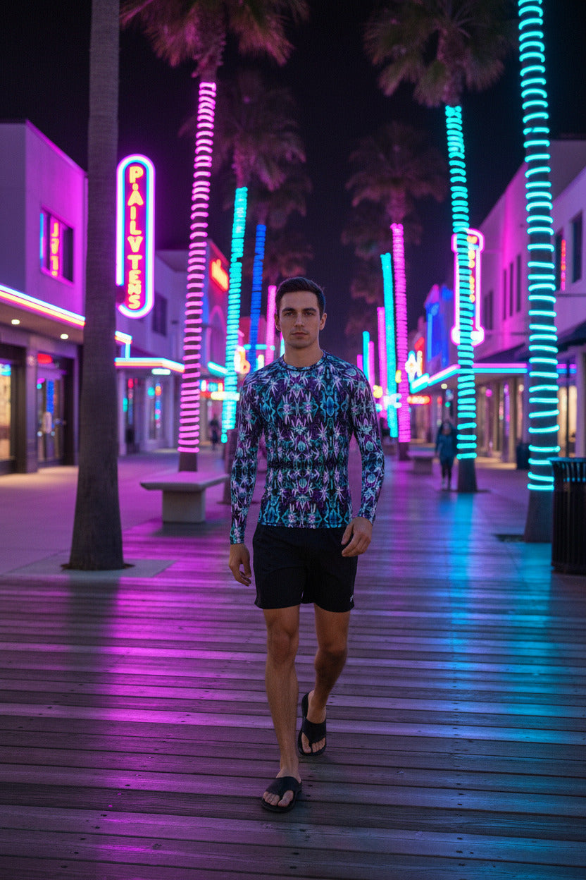Person wearing a colorful patterned shirt standing in a subway station.