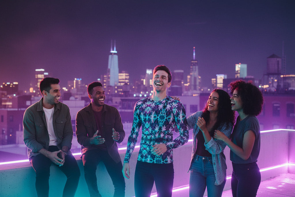 Group of friends laughing together on a rooftop with city skyline in the background