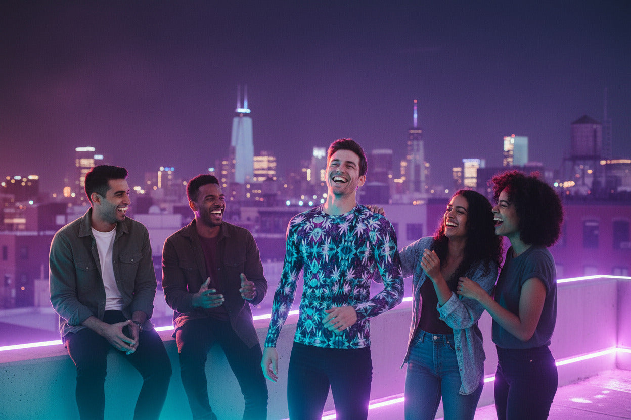 Group of friends laughing together on a rooftop with city skyline in the background