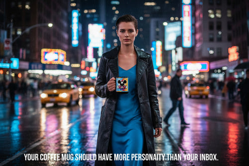 Woman holding a colorful card in a neon-lit city street